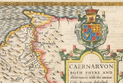Old Map of Caernarfonshire Wales, 1611 by John Speed - Caernarfon, Snowdon, Gwynedd, Bangor, Conwy, Llandudno