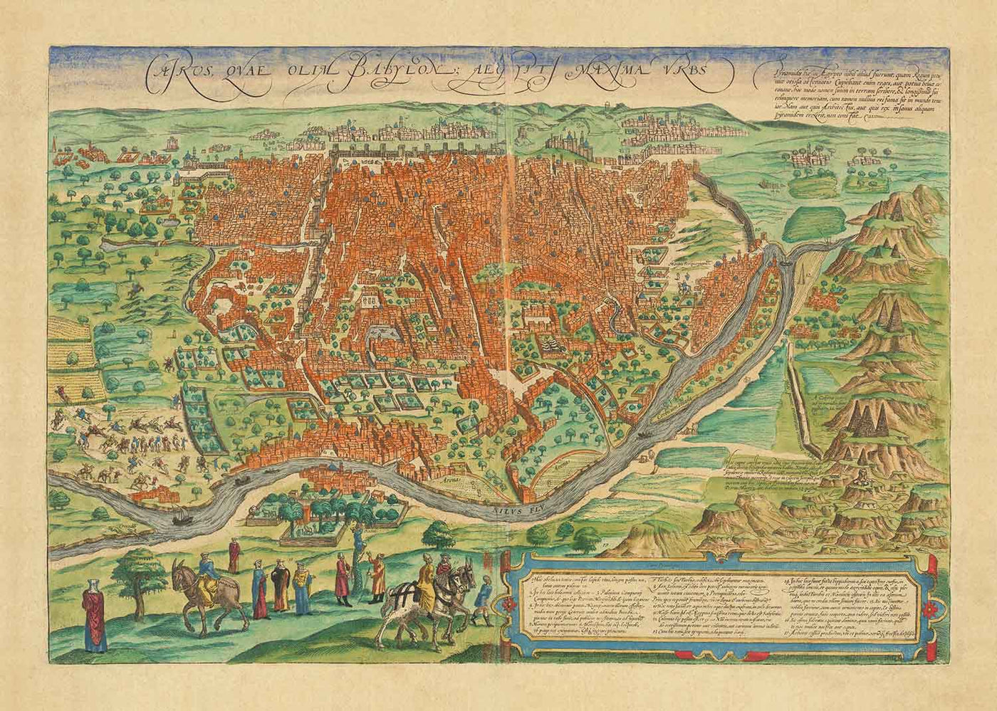 Alte Karte von Kairo im Jahr 1572 von Georg Braun - Nil, Gizeh, Ägypten, Große Pyramiden & Sphinx, Osmanisches Reich