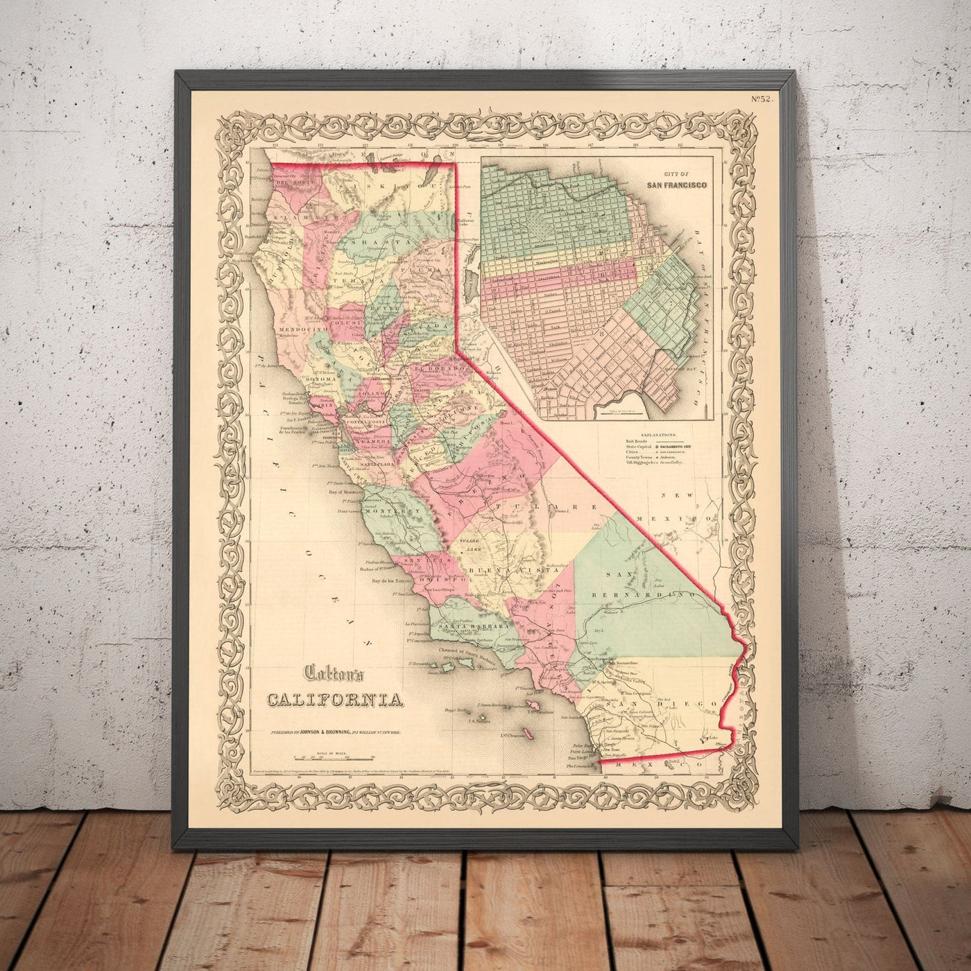 Antiguo mapa de California 1860, Colton - San Francisco, Los Ángeles, San Diego, Santa Clara, Fresno, San José