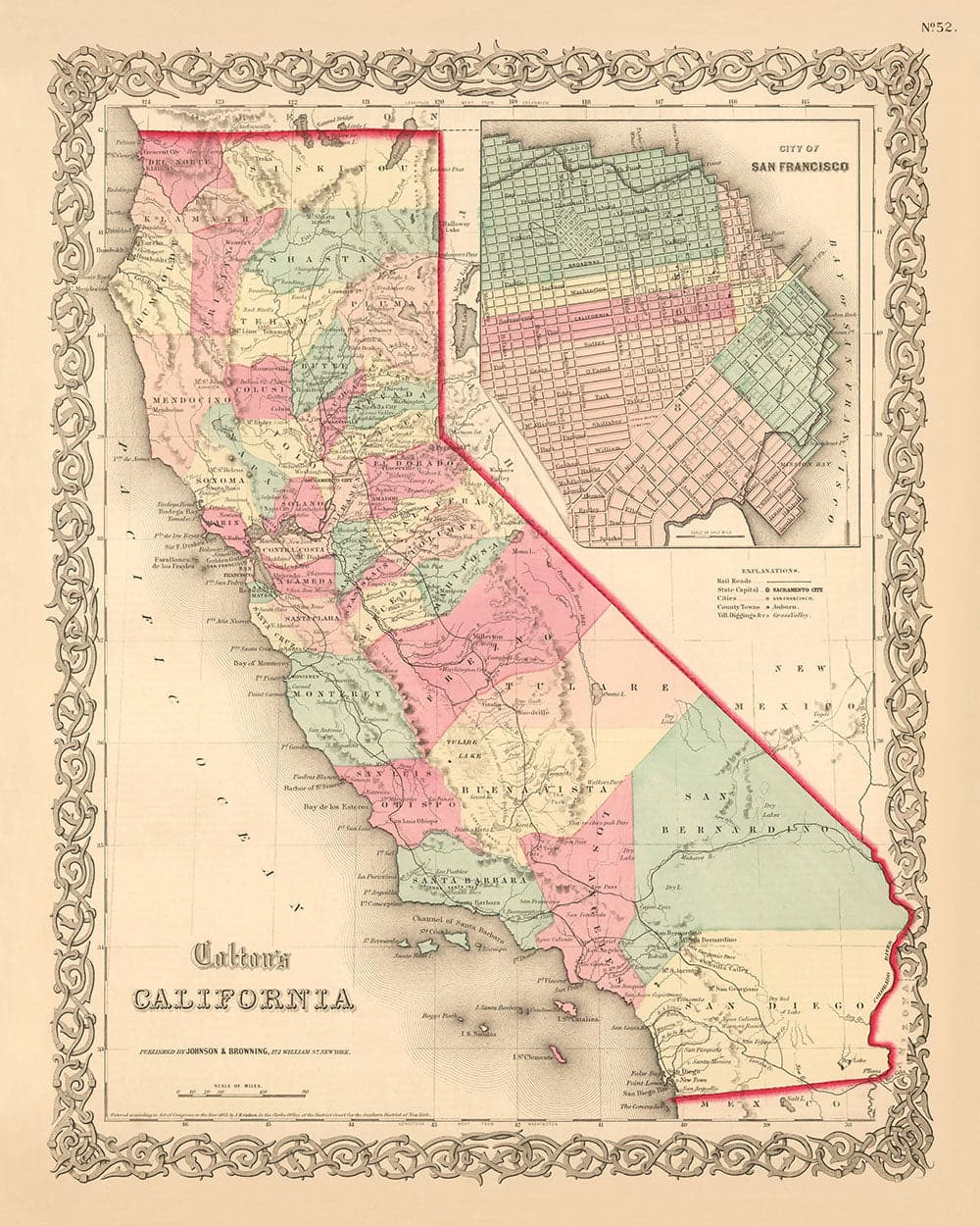 Alte Karte von Kalifornien 1860, Colton - San Francisco, Los Angeles, San Diego, Santa Clara, Fresno, San Jose