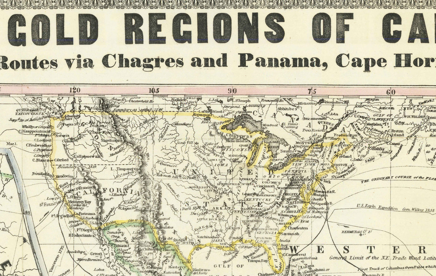 Ancienne carte de la ruée vers l'or de la Californie en 1849 par Ensign & Thayer - Old West, Sacramento, New Mexico, Oregon, Texas