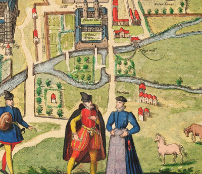 Alte farbige Karte von Cambridge und den Colleges der Universität, 1575 von Georg Braun - Trinity, Kings, Queens, Clare, Peterhouse, Christ's, Caius