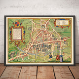 Mappa colorata antica di Cambridge e dei college universitari, 1575 di Georg Braun - Trinity, Kings, Queens, Clare, Peterhouse, Christ's, Caius 