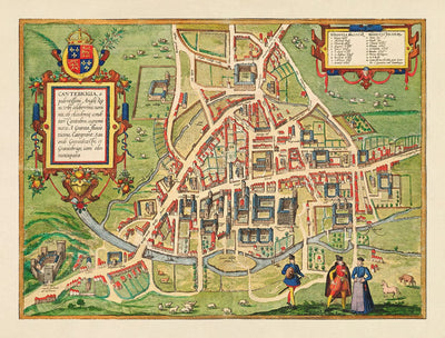 Antiguo mapa en color de Cambridge y los colegios universitarios, 1575 por Georg Braun - Trinity, Kings, Queens, Clare, Peterhouse, Christ's, Caius