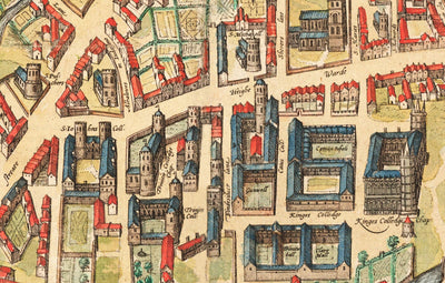 Ancienne carte en couleurs de Cambridge et des collèges universitaires, 1575, par Georg Braun - Trinity, Kings, Queens, Clare, Peterhouse, Christ's, Caius