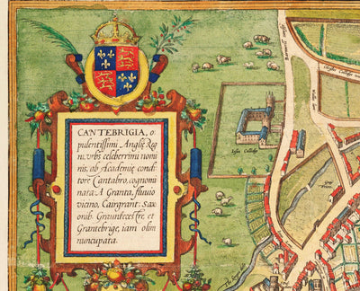 Ancienne carte en couleurs de Cambridge et des collèges universitaires, 1575, par Georg Braun - Trinity, Kings, Queens, Clare, Peterhouse, Christ's, Caius