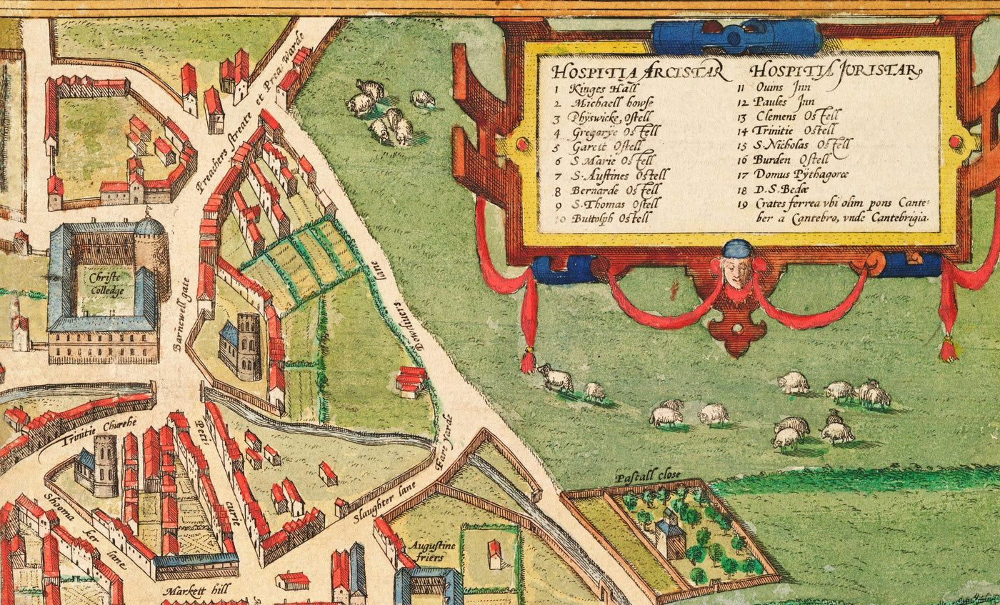 Antiguo mapa en color de Cambridge y los colegios universitarios, 1575 por Georg Braun - Trinity, Kings, Queens, Clare, Peterhouse, Christ's, Caius