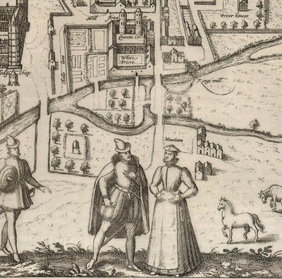 Old Map of Cambridge and University Colleges, 1575 by Georg Braun-Trinity, Kings, Queens, Clare