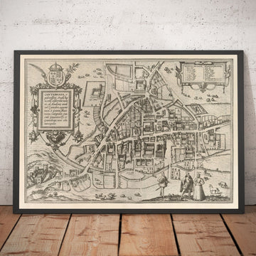 Vecchia mappa di Cambridge e dei college universitari, 1575 di Georg Braun - Trinity, Kings, Queens, Clare 