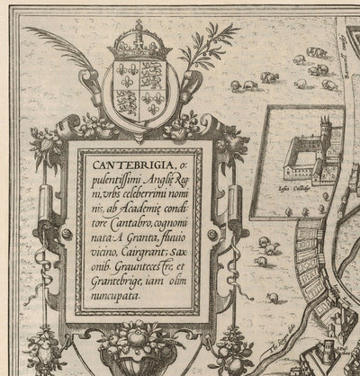 Old Map of Cambridge and University Colleges, 1575 by Georg Braun-Trinity, Kings, Queens, Clare