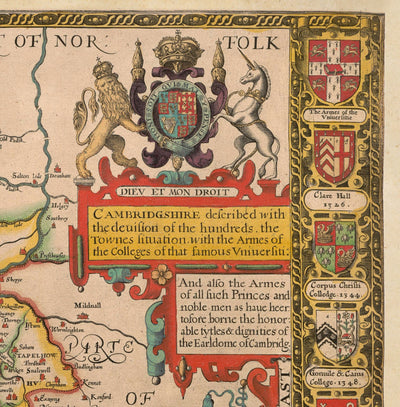 Mapa antiguo de Cambridgeshire, 1611 de John Speed ​​- Cambridge, Peterborough, Wisbech, ST Neots