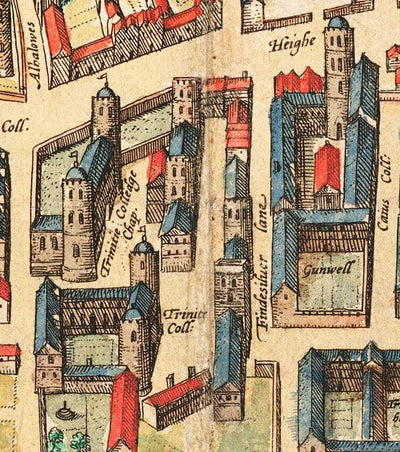 Cambridge Tote Bag mit historischer Karte von Cambridge (Cantebrigia) und seinen alten Colleges im Jahr 1575 von George Braun