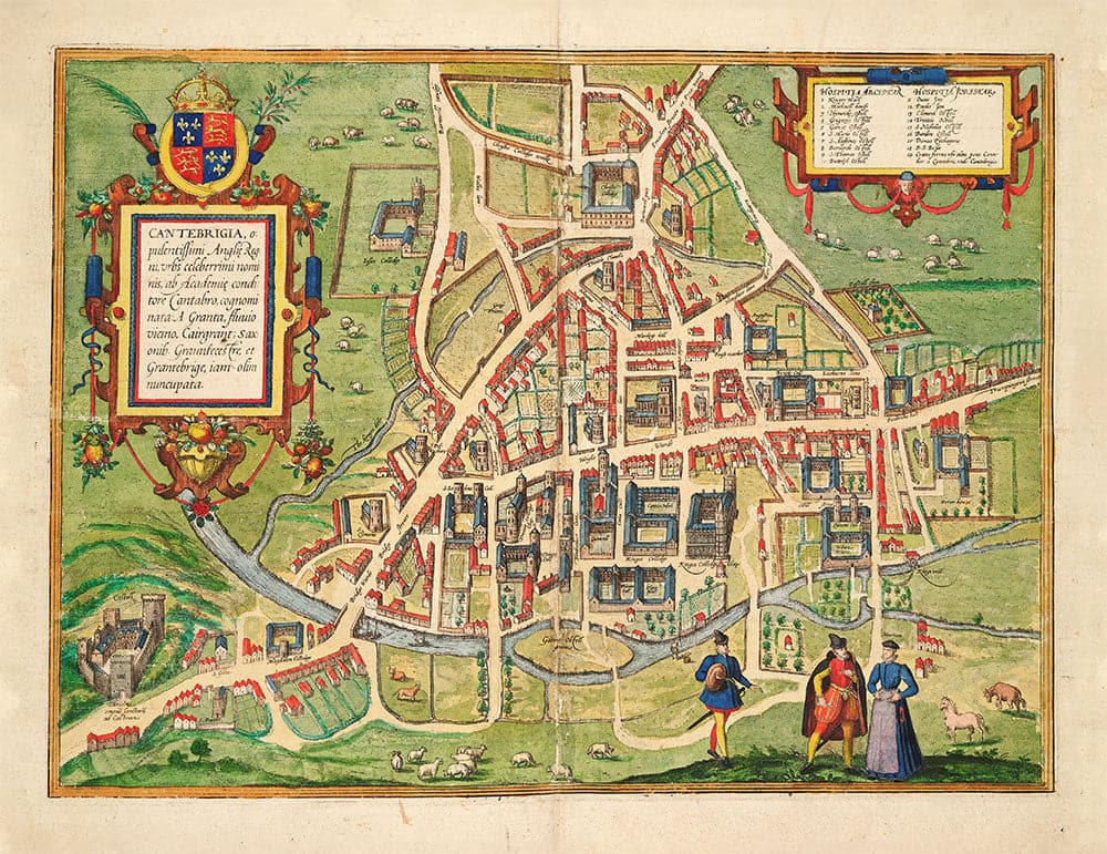 Bolso de Cambridge con mapa histórico de Cambridge (Cantebrigia) y sus antiguos colegios en 1575 por George Braun