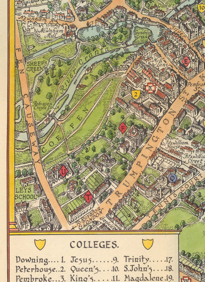 Mapa antiguo de Cambridge, 1929 - Trinidad, San Juan, Rey, Peterhouse, Jesús - Universidad y colegios