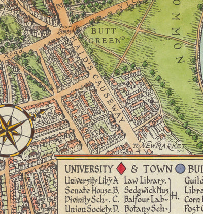 Ancienne carte de Cambridge, 1929 - Trinité, St John's, King's, Peterhouse, Jésus - Université et collèges