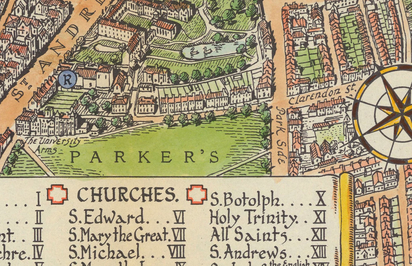Ancienne carte de Cambridge, 1929 - Trinité, St John's, King's, Peterhouse, Jésus - Université et collèges