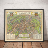 Mappa antica di Cambridge, 1929 - Trinity, St John's, King's, Peterhouse, Jesus - Università e Collegi 