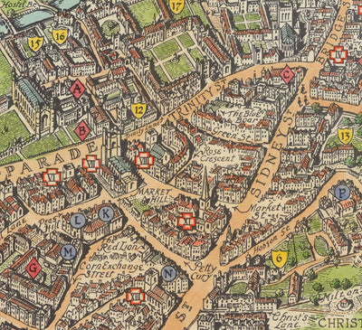 Alte Karte von Cambridge, 1929 - Trinity, St. John's, King's, Peterhouse, Jesus - Universität und Hochschulen