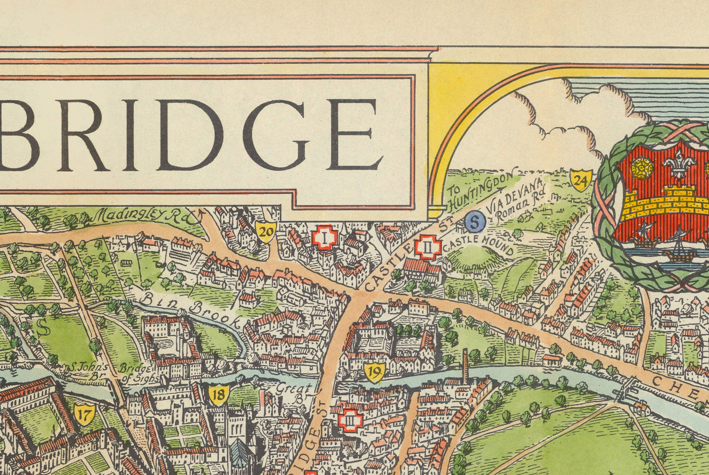 Mapa antiguo de Cambridge, 1929 - Trinidad, San Juan, Rey, Peterhouse, Jesús - Universidad y colegios