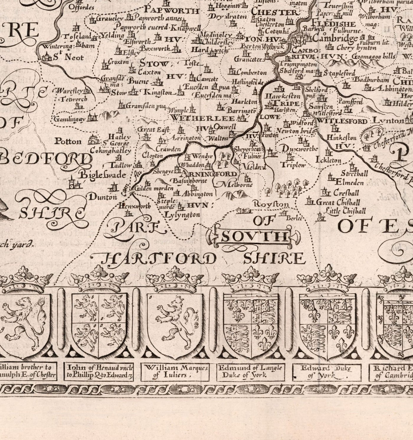 Ancienne carte de CambridgeShire, 1611 par John Speed ​​- Cambridge, Peterborough, Wisbech