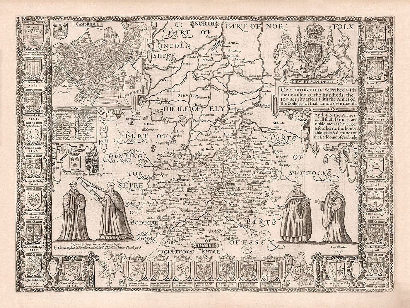 Ancienne carte de CambridgeShire, 1611 par John Speed ​​- Cambridge, Peterborough, Wisbech