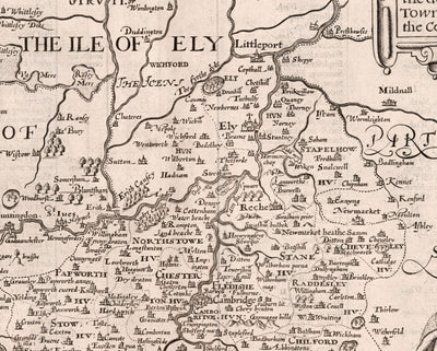 Alte Karte von Cambridgeshire, 1611 von John Speed ​​- Cambridge, Peterborough, Wisbech