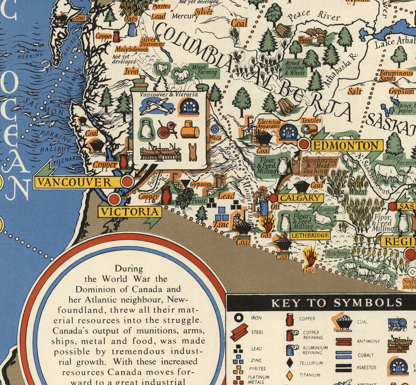 Mapa antiguo de Canadá, 1942 por Max Gill - Mapa de la Segunda Guerra Mundial de Recursos Naturales e Industriales