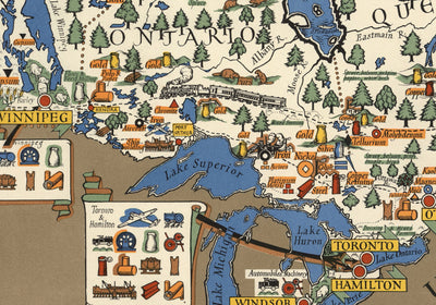 Ancienne carte du Canada, 1942 par Max Gill - Seconde Guerre mondiale 2 Carte des ressources naturelles et industrielles