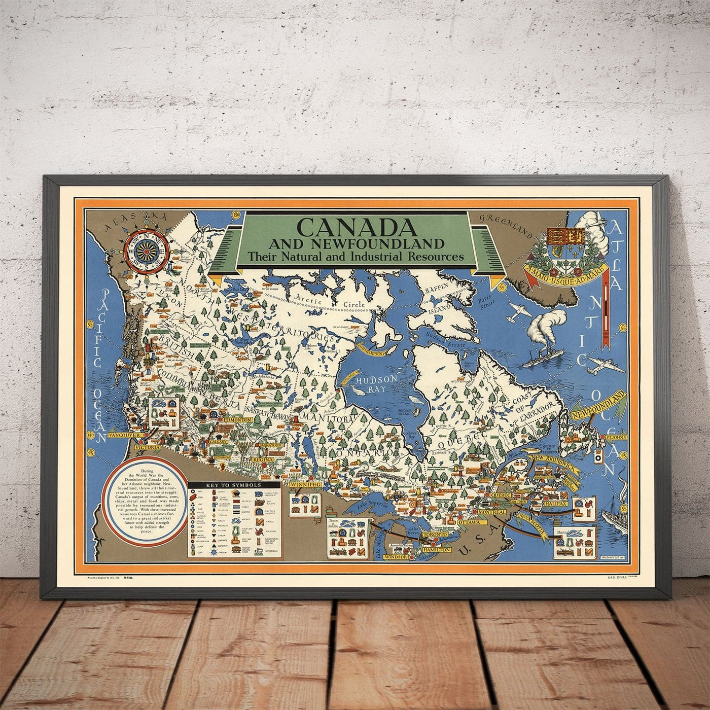 Mapa antiguo de Canadá, 1942 por Max Gill - Mapa de la Segunda Guerra Mundial de Recursos Naturales e Industriales