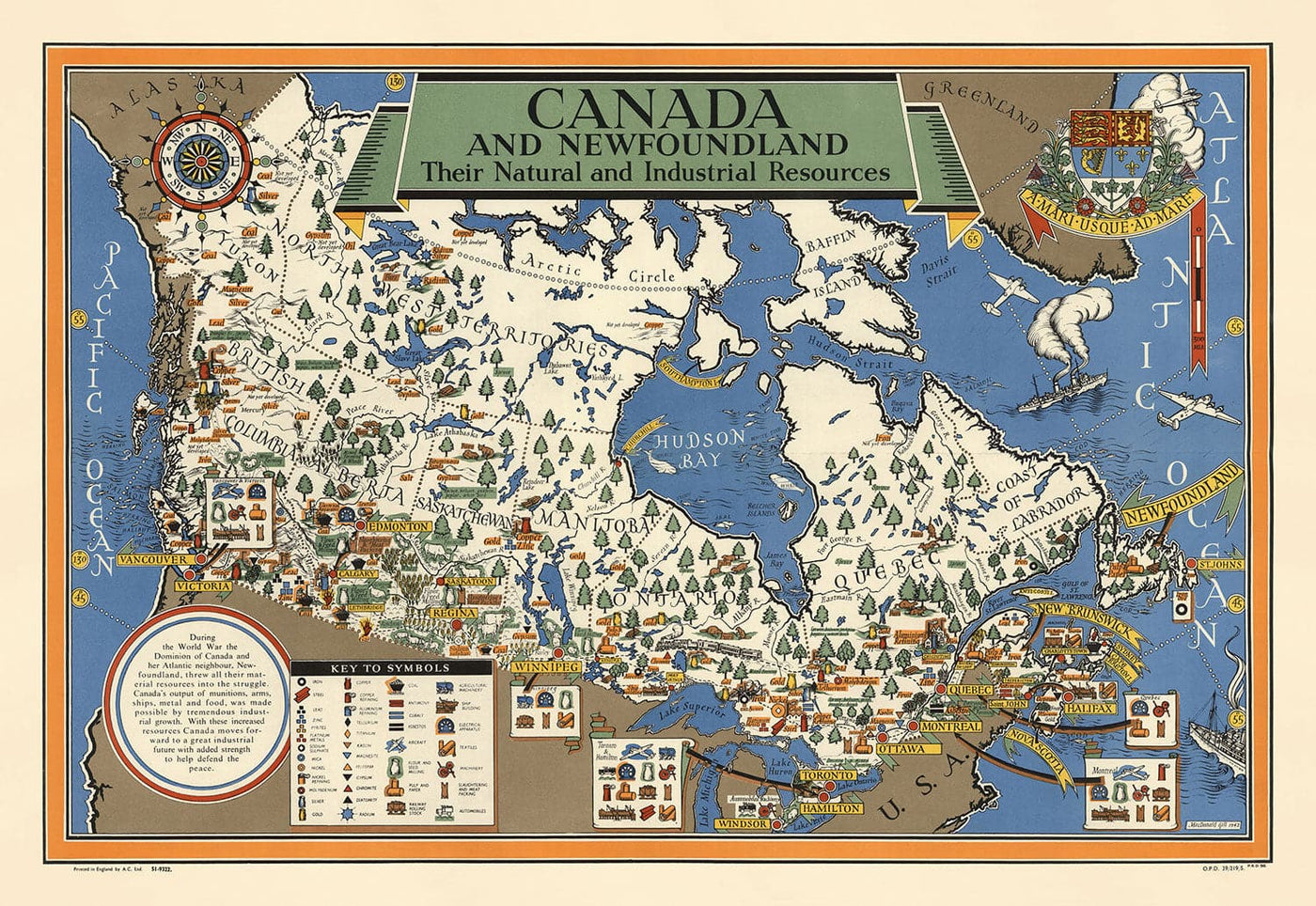Ancienne carte du Canada, 1942 par Max Gill - Seconde Guerre mondiale 2 Carte des ressources naturelles et industrielles