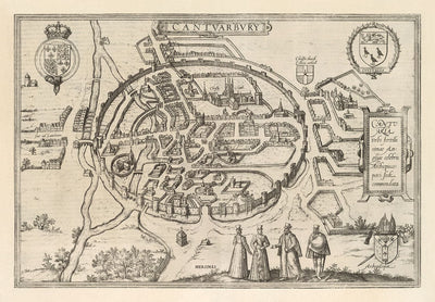 Mapa antiguo de Canterbury 1588 por Georg Braun - Castillo, Catedral, Iglesia, Paredes de la ciudad