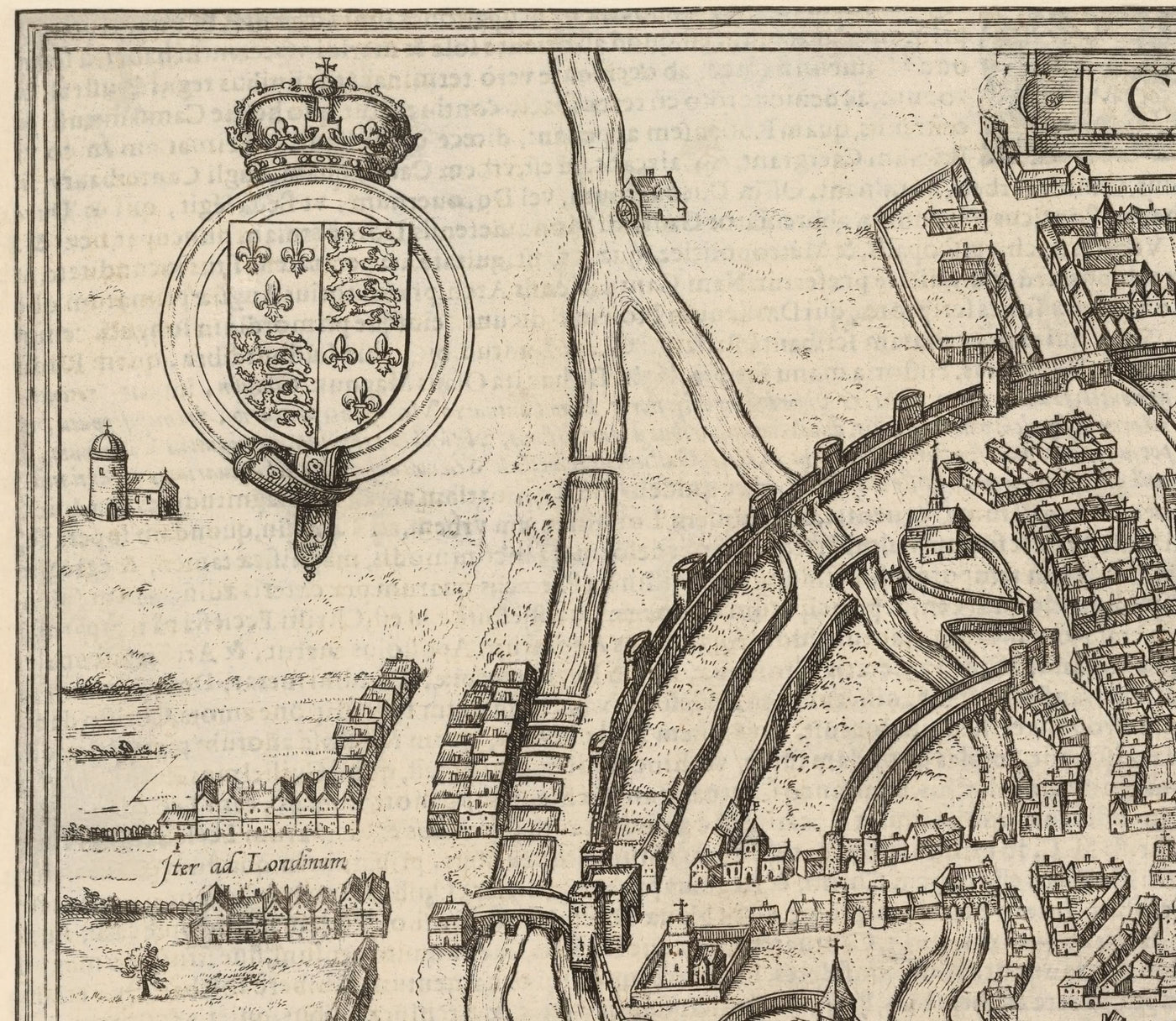Ancienne Carte de Canterbury 1588 par Georg Braun - Château, Cathédrale, Église, Murs de la ville