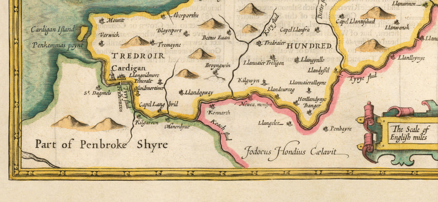 Ancienne Carte de Ceredigion Galles, 1611 par John Vitesse - Cardiganshire, Aberystwyth, Cardigan