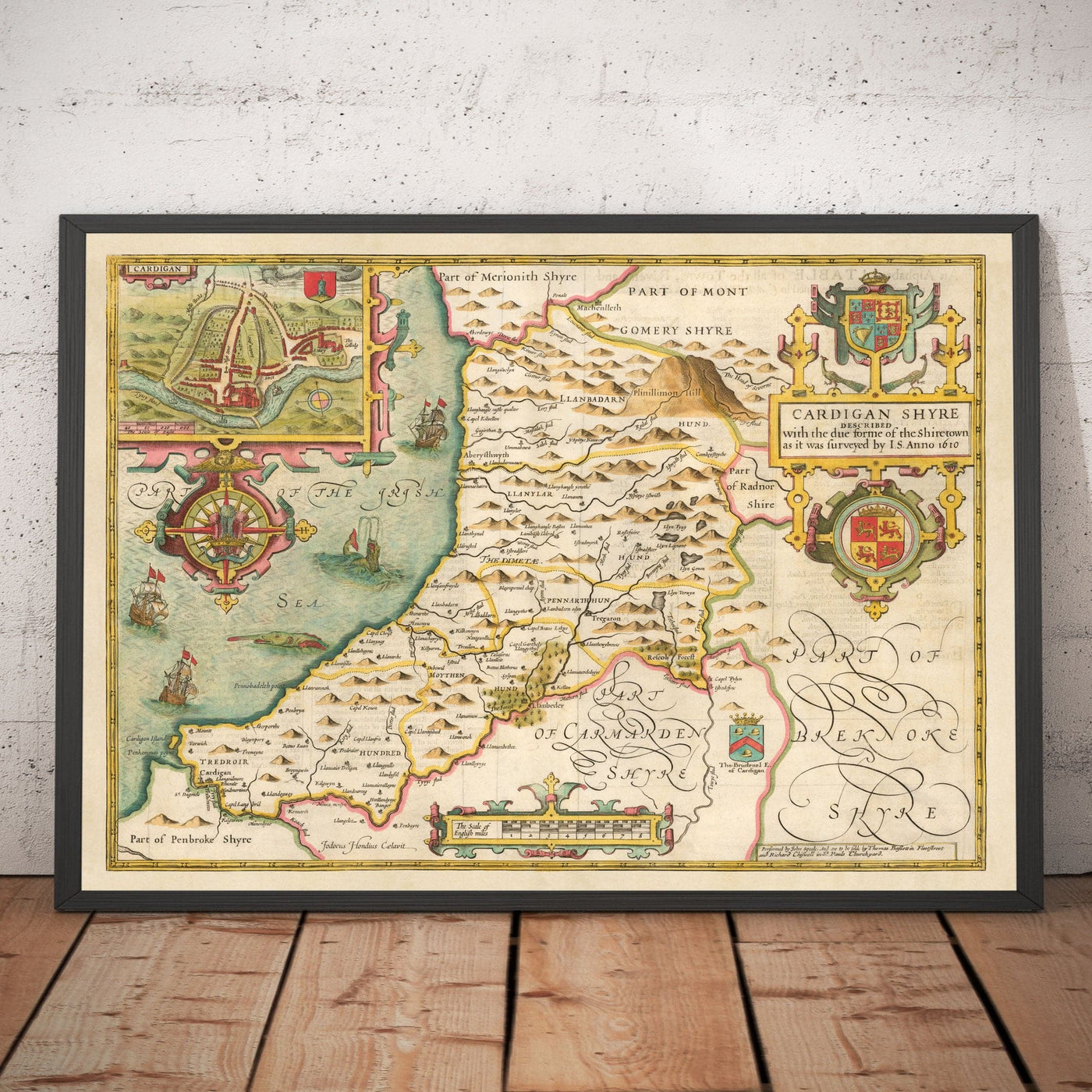 Alte Karte von Ceredigion Wales, 1611 von John Speed ​​- Strickjacke, Aberystwyth, Strickjacke