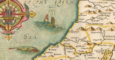 Ancienne Carte de Ceredigion Galles, 1611 par John Vitesse - Cardiganshire, Aberystwyth, Cardigan