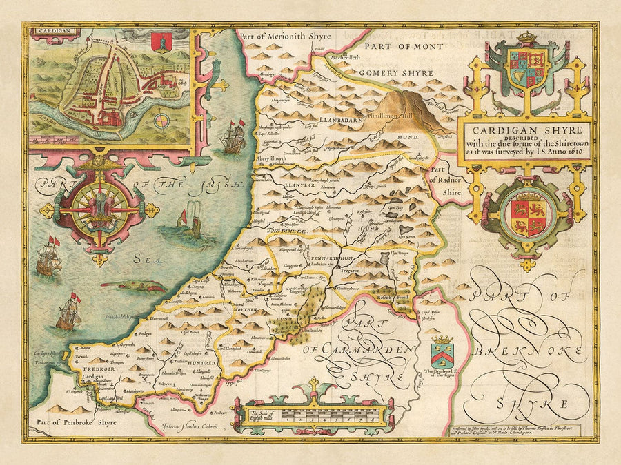 Ancienne Carte de Ceredigion Galles, 1611 par John Vitesse - Cardiganshire, Aberystwyth, Cardigan