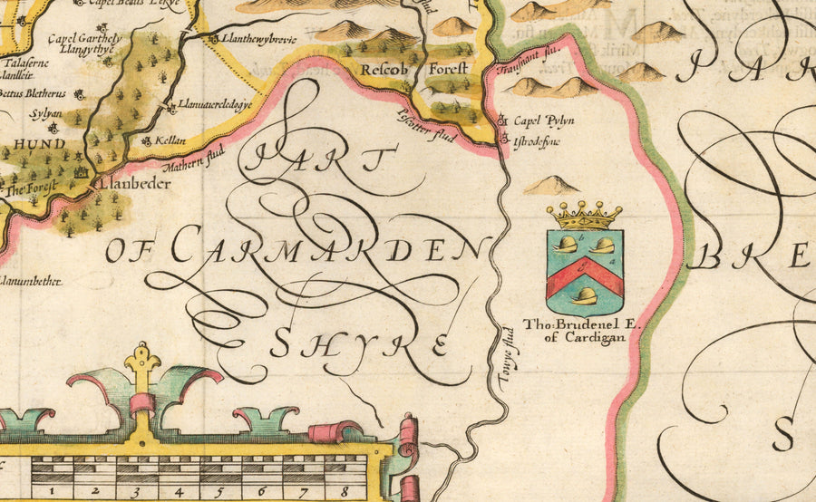 Ancienne Carte de Ceredigion Galles, 1611 par John Vitesse - Cardiganshire, Aberystwyth, Cardigan