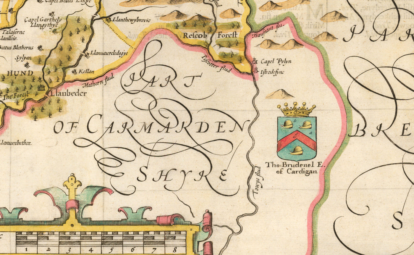 Mapa antiguo de Ceredigion Wales, 1611 por John Speed ​​- Cardiganshire, Aberystwyth, Cardigan