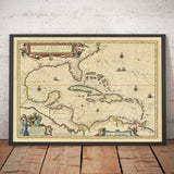 Old Map of the Caribbean in 1640 by Willem Blaeu - Cuba, Jamaica, Dominican Republic, Puerto Rico, The Bahamas