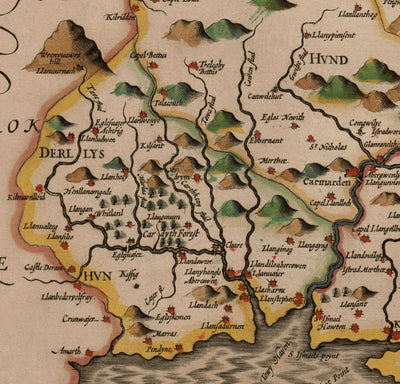 Viejo mapa de Carmarthenshire Gales, 1611 de John Speed ​​- Carmarthen, Llanelli, Llandavery
