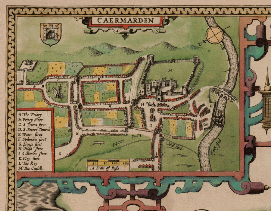 Mappa antica del Carmarthenshire in Galles, 1611 di John Speed - Carmarthen, Llanelli, Llandovery 