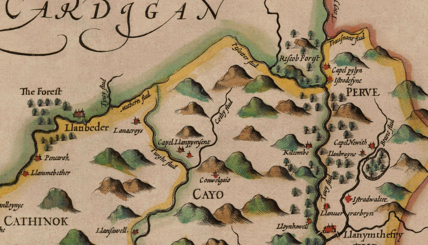 Alte Karte von Carmarthenshire Wales, 1611 von John Speed ​​- Carmarthen, Llanelli, Llandovery