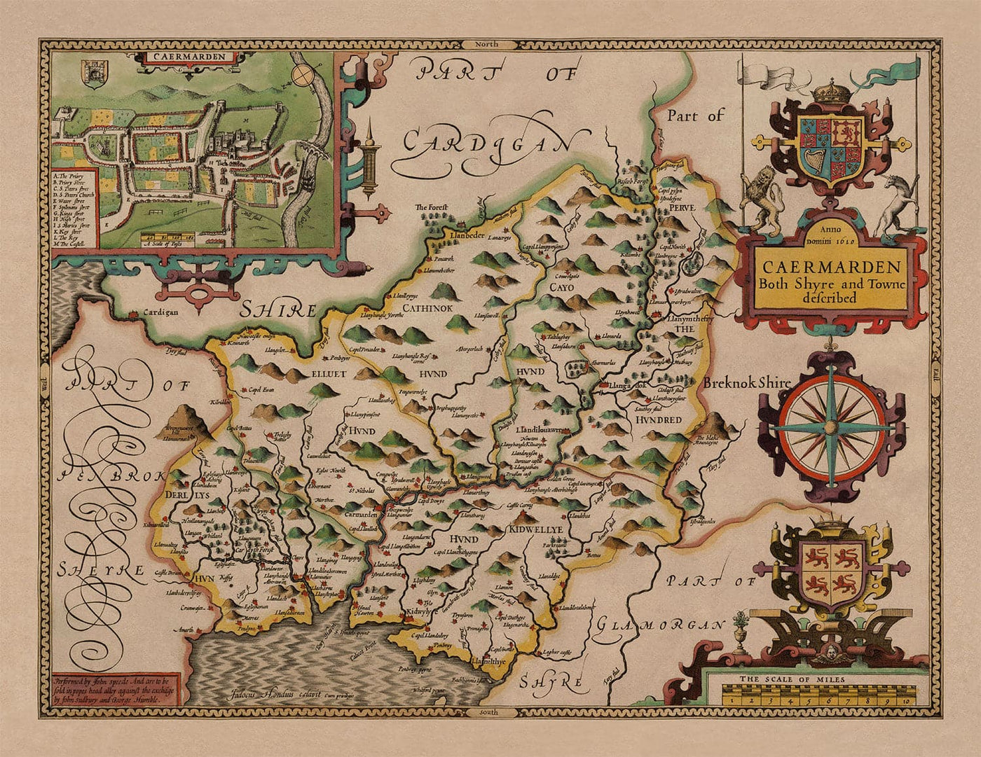 Viejo mapa de Carmarthenshire Gales, 1611 de John Speed ​​- Carmarthen, Llanelli, Llandavery