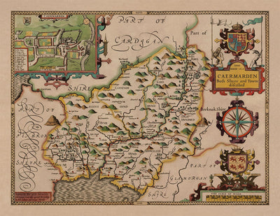 Alte Karte von Carmarthenshire Wales, 1611 von John Speed ​​- Carmarthen, Llanelli, Llandovery