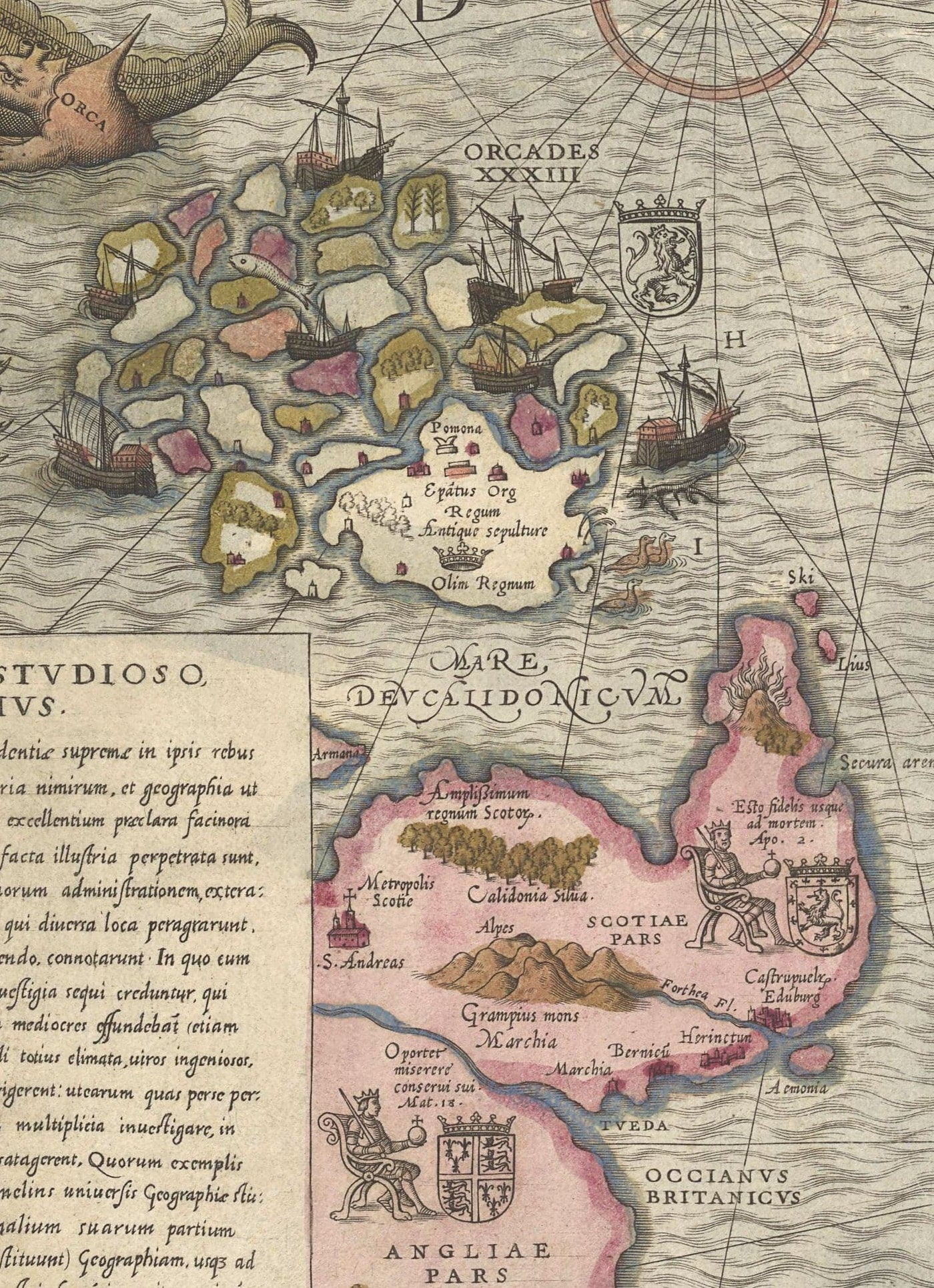 Viejo mapa de Scandinavia, 1539 - Carta Marina por Olaus Magnus - Mapa del monstruo marino - Países nórdicos Dinamarca, Suecia, Finlandia