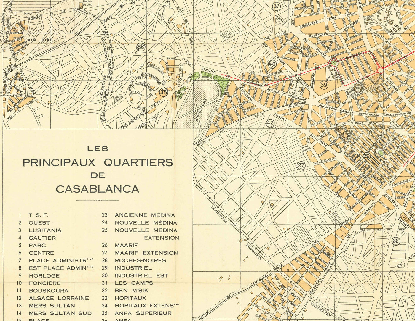 Alte Karte von Casablanca im Jahr 1934 von Gaillac-Monrocq - Alte Medina, Hafen von Casablanca, Derb Ghallef, Neue Medina, Hippodrom, Anfa