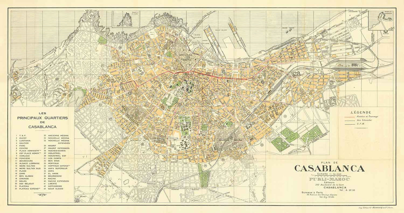 Ancienne carte de Casablanca en 1934 par Gaillac-Monrocq - Ancienne Médina, Port de Casablanca, Derb Ghallef, Nouvelle Médina, Hippodrome, Anfa