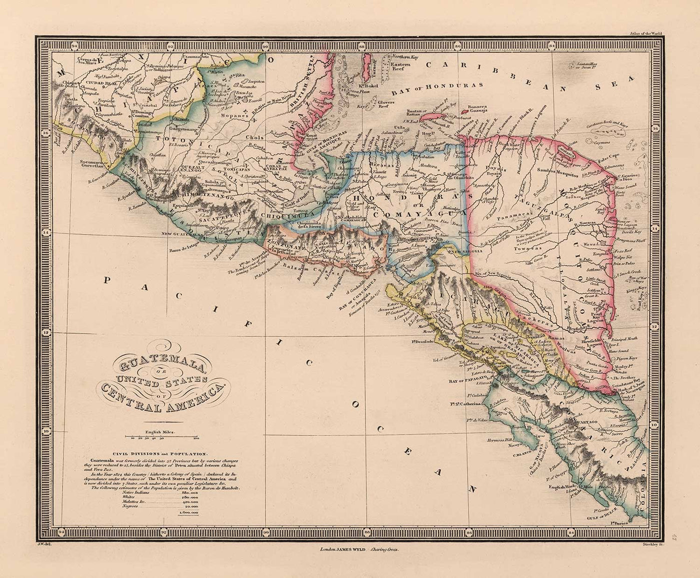 Alte Karte von Mittelamerika im Jahr 1864 von James Wyld - Mexiko, Honduras, Mückenküste, Guatemala, Costa Rica