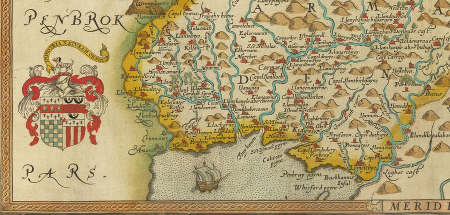 Prima mappa antica del Galles centrale nel 1578 di Christopher Saxton - Powys, Ceredigion, Carmarthenshire, Aberystwyth, Cardigan 