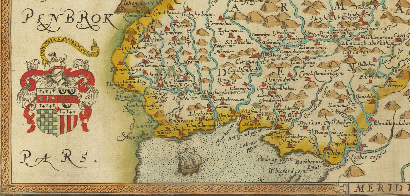 Première carte ancienne du centre du pays de Galles en 1578 par Christopher Saxton - Powys, Ceredigion, Carmarthenshire, Aberystwyth, Cardigan
